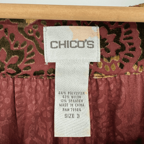 Chico's Velvet Burnout Blouse Size 3‎ or XL Maroon Gold Floral Print - Picture 3 of 8